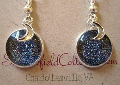 Summerfield Collection Silver-tone Starry Night Glitter Glass Crescent Moon Charm Galaxy Dangle Earrings