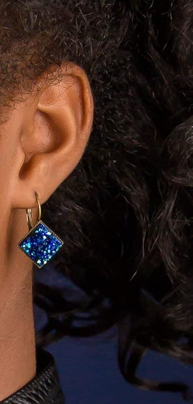 Summerfield Collection Antiqued Gold-tone Geometric Square Faux Druzy Stone Lever-back Drop Earrings (Blue Metallic)