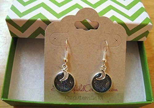 Summerfield Collection Silver-tone Starry Night Glitter Glass Crescent Moon Charm Galaxy Dangle Earrings