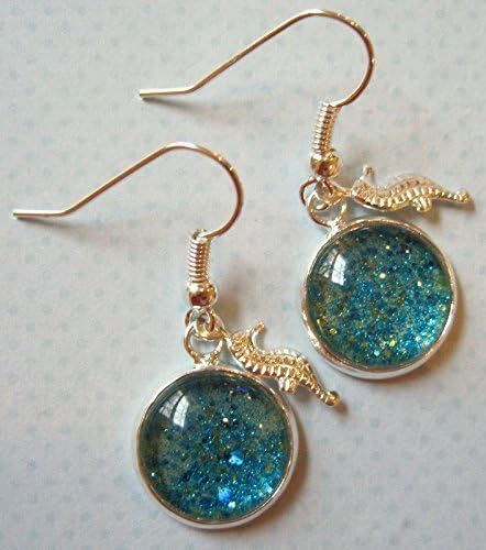Summerfield Collection Silver-tone Blue Glitter Glass Seahorse Charm Dangle Earrings Hand-painted