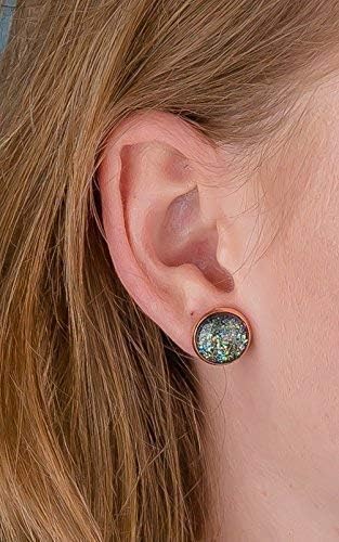 Summerfield Collection Rose Gold-tone Black Iridescent Glitter Glass Galaxy Stud Earrings Hand-painted 12mm