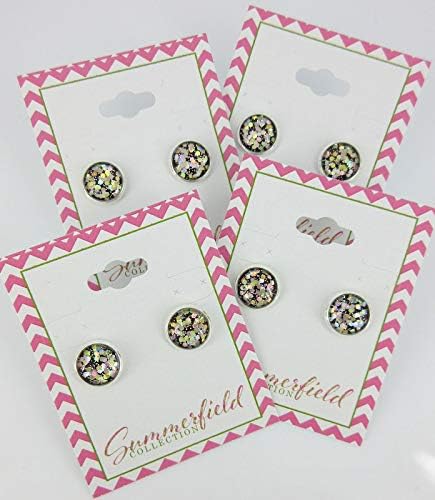 Summerfield Collection Silver-tone Burgundy Confetti Glitter Glass Stud Earrings Hand-painted 10mm