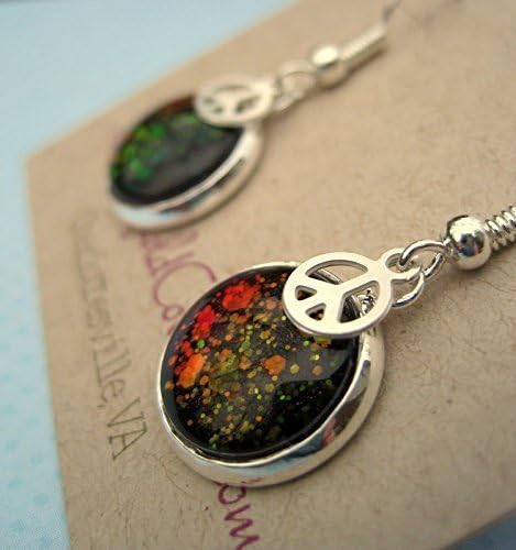 Summerfield Collection Silver-tone Black and Red Chunky Duochrome Glitter Glass Tiny Peace Sign Charm Dangle Earrings