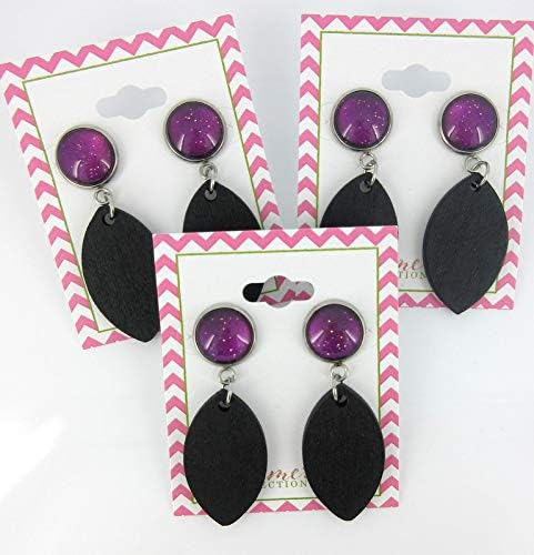 Summerfield Collection Stainless Steel Magenta Purple Glitter Glass Black Wood Drop Earrings