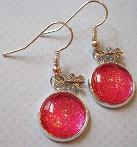 Summerfield Collection Silver-tone Pink Glitter Glass Butterfly Charm Dangle Earrings Hand-painted