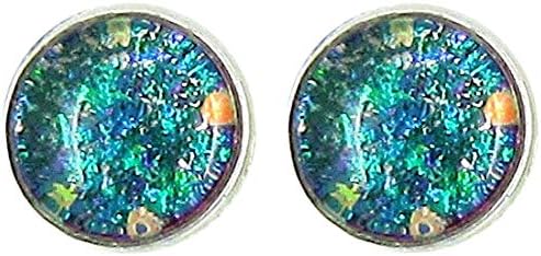 Summerfield Collection Silver-tone Aqua Blue and Purple Glitter Glass Stud Earrings Hand-painted 8mm
