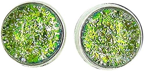Summerfield Collection Silver-tone Green Glitter Glass Stud Earrings Hand-painted 8mm