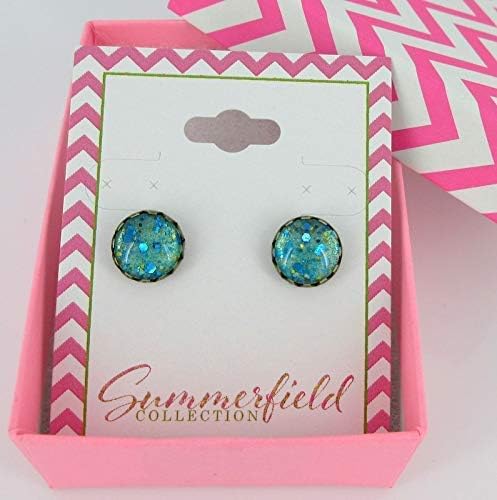 Summerfield Collection Antiqued Gold-tone Seafoam Green and Blue Glitter Glass Stud Earrings Hand-painted 10mm