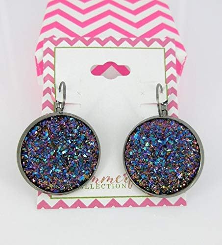 Summerfield Collection Hematite-tone Purple Pink Teal Faux Druzy Stone Lever-back Drop Earrings Large 25mm