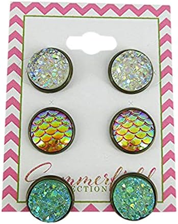 Summerfield Collection Trio Stud Earrings Seafoam Clear AB Faux Druzy Stone Yellow Mermaid Scale Set 12mm