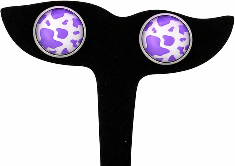 Summerfield Collection Stainless Steel Cow Animal Print Glass Stud Earrings 12mm Black (Purple)