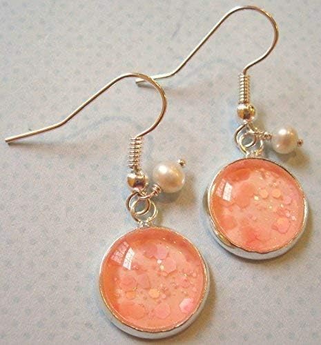 Summerfield Collection Silver-tone Peach Pink Glitter Glass Cultured Freshwater 4mm Pearl Charm Dangle Earrings