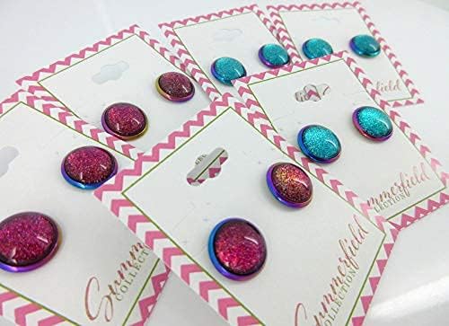 Summerfield Collection Rainbow Stainless Steel Metallic Glitter Glass Stud Earrings Hand-painted 12mm (Aqua Blue)