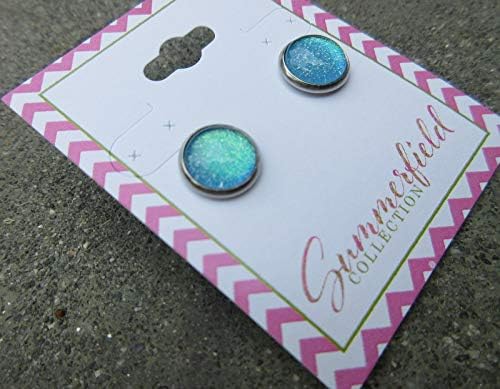 Summerfield Collection Stainless Steel Ocean Green Blue Glitter Glass Stud Earrings Hand-painted 10mm