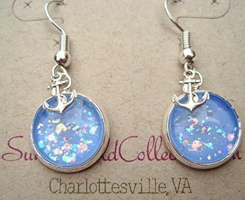 Summerfield Collection Silver-tone Blue Iridescent Glitter Glass Anchor Charm Dangle Earrings