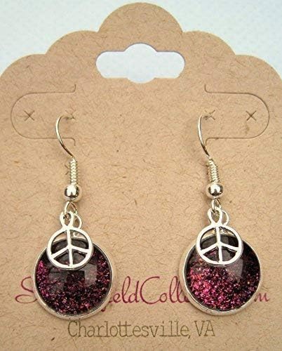 Summerfield Collection Silver-tone Black Rainbow Duochrome Flake Glitter Glass Peace Sign Charm Dangle Earrings