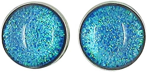 Summerfield Collection Stainless Steel Blue Green Glitter Glass Stud Earrings Hand-painted 10mm