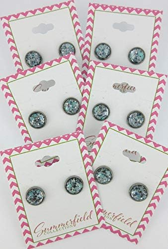 Summerfield Collection Hematite-tone Mint Green and Silver Glitter Glass Stud Earrings Hand-painted 10mm