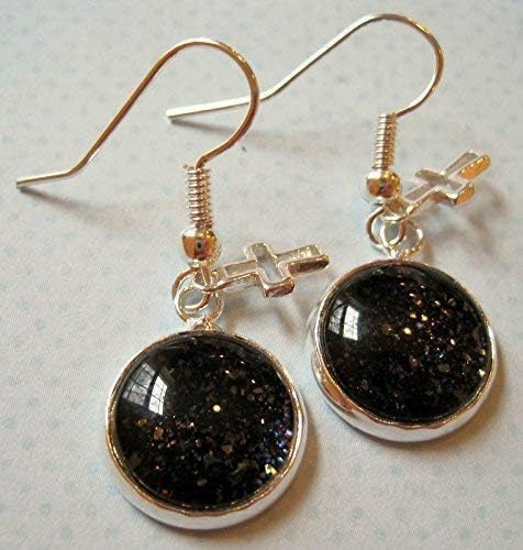 Summerfield Collection Silver-tone Black Glitter Glass Open Cross Charm Dangle Earrings