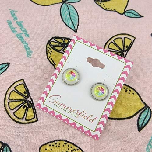 Summerfield Collection Stainless Steel Fruit Print Frosted Resin Stud Earrings 12mm (Rainbow Sliced Lemon)
