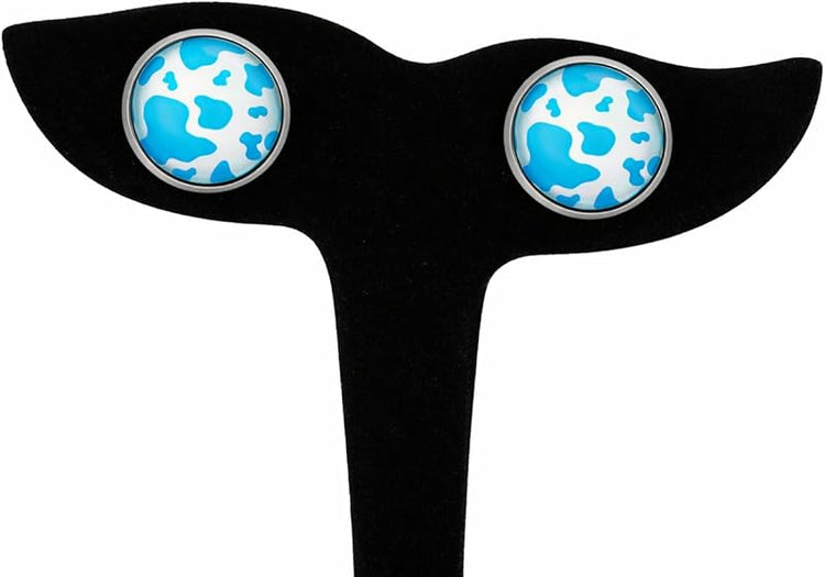 Summerfield Collection Stainless Steel Cow Animal Print Glass Stud Earrings 12mm Black (Aqua Blue)