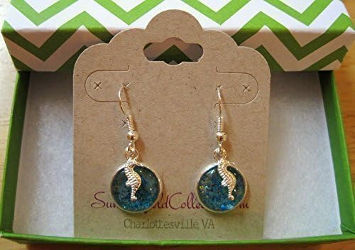 Summerfield Collection Silver-tone Blue Glitter Glass Seahorse Charm Dangle Earrings Hand-painted