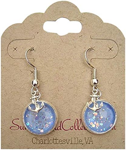 Summerfield Collection Silver-tone Blue Iridescent Glitter Glass Anchor Charm Dangle Earrings