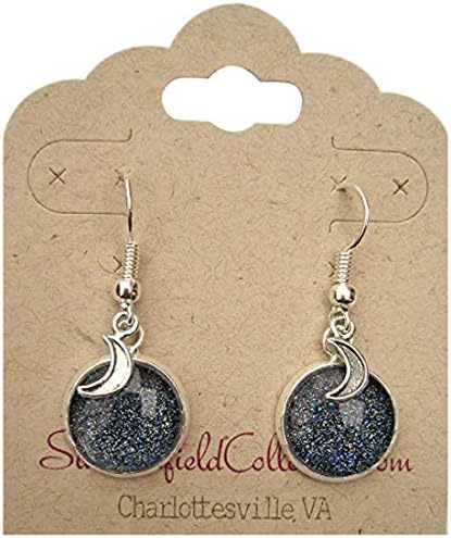 Summerfield Collection Silver-tone Starry Night Glitter Glass Crescent Moon Charm Galaxy Dangle Earrings