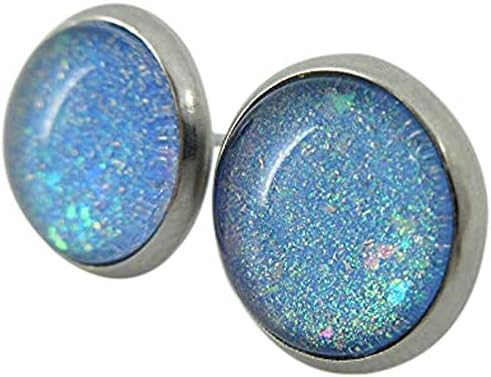 Summerfield Collection Stainless Steel Sky Blue and Rainbow Glitter Flake Glass Stud Earrings Hand-painted (10mm)