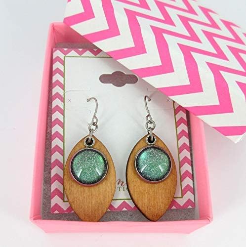 Summerfield Collection Stainless Steel Green Glitter Glass Charm Wood Leaf Dangle Earrings