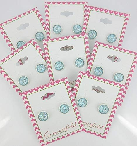 Summerfield Collection Silver-tone Blue and White Glitter Glass Stud Earrings Hand-painted 10mm