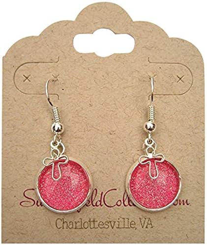 Summerfield Collection Silver-tone Pink Holographic Glitter Glass Open Cross Charm Dangle Earrings