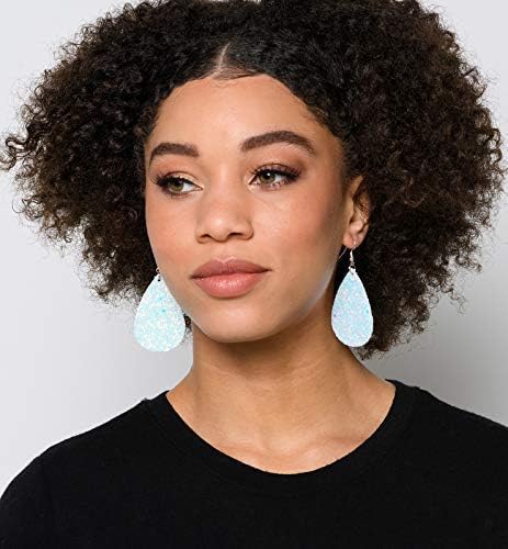 Summerfield Collection Silver-tone Glitter Faux Leather Large Teardrop Dangle Earrings (White w/Pink and Lt Blue)