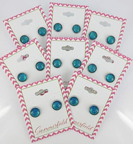 Summerfield Collection Stainless Steel Blue Green Glitter Glass Stud Earrings Hand-painted 10mm