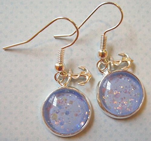 Summerfield Collection Silver-tone Blue Iridescent Glitter Glass Anchor Charm Dangle Earrings