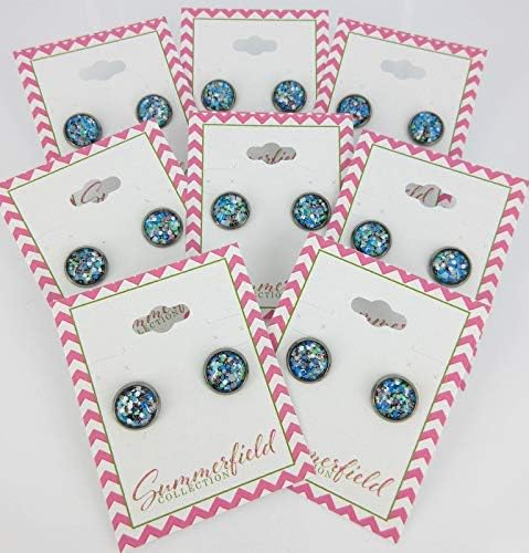 Summerfield Collection Hematite-tone Blue Green White Glitter Glass Stud Earrings Hand-painted 10mm