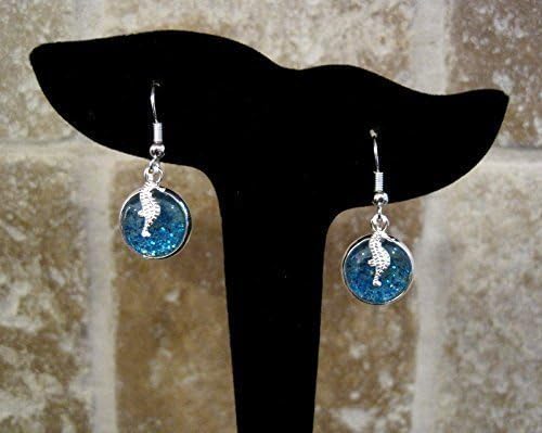 Summerfield Collection Silver-tone Blue Glitter Glass Seahorse Charm Dangle Earrings Hand-painted