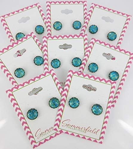 Summerfield Collection Antiqued Gold-tone Seafoam Green and Blue Glitter Glass Stud Earrings Hand-painted 10mm