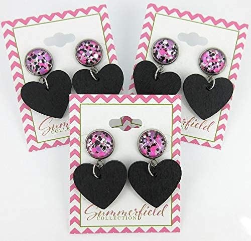 Summerfield Collection Stainless Steel Pink Purple White Glitter Glass Black Heart Wood Drop Earrings