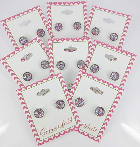 Summerfield Collection Silver-tone Gray Pink and White Glitter Glass Stud Earrings Hand-painted 10mm