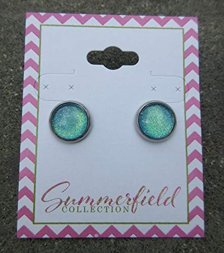 Summerfield Collection Stainless Steel Ocean Green Blue Glitter Glass Stud Earrings Hand-painted 10mm