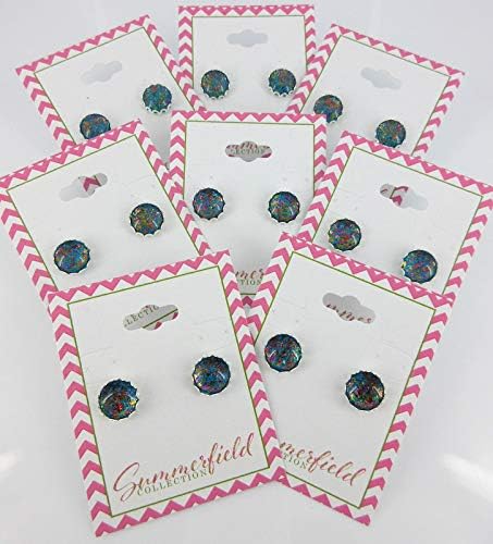 Summerfield Collection Silver-tone Aqua Blue and Rainbow Flake Glass Stud Earrings Hand-painted 10mm