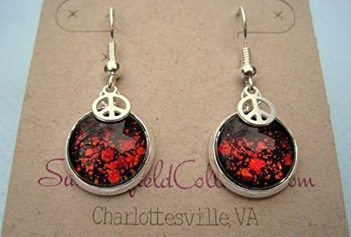 Summerfield Collection Silver-tone Black and Red Chunky Duochrome Glitter Glass Tiny Peace Sign Charm Dangle Earrings