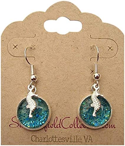 Summerfield Collection Silver-tone Blue Glitter Glass Seahorse Charm Dangle Earrings Hand-painted