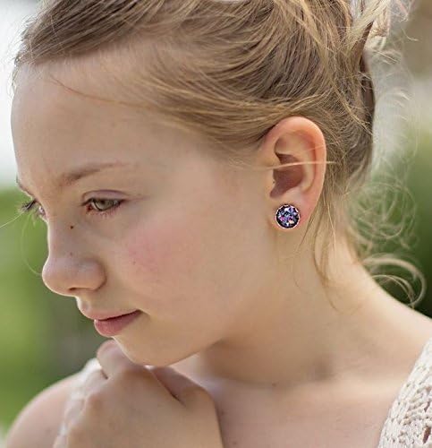Summerfield Collection Stainless Steel Aqua Blue Pink and Purple Glitter Glass Stud Earrings Hand-painted 12mm