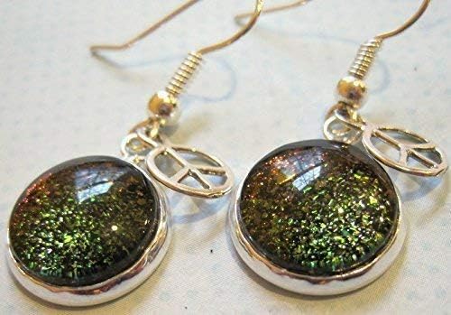 Summerfield Collection Silver-tone Black Rainbow Duochrome Flake Glitter Glass Peace Sign Charm Dangle Earrings