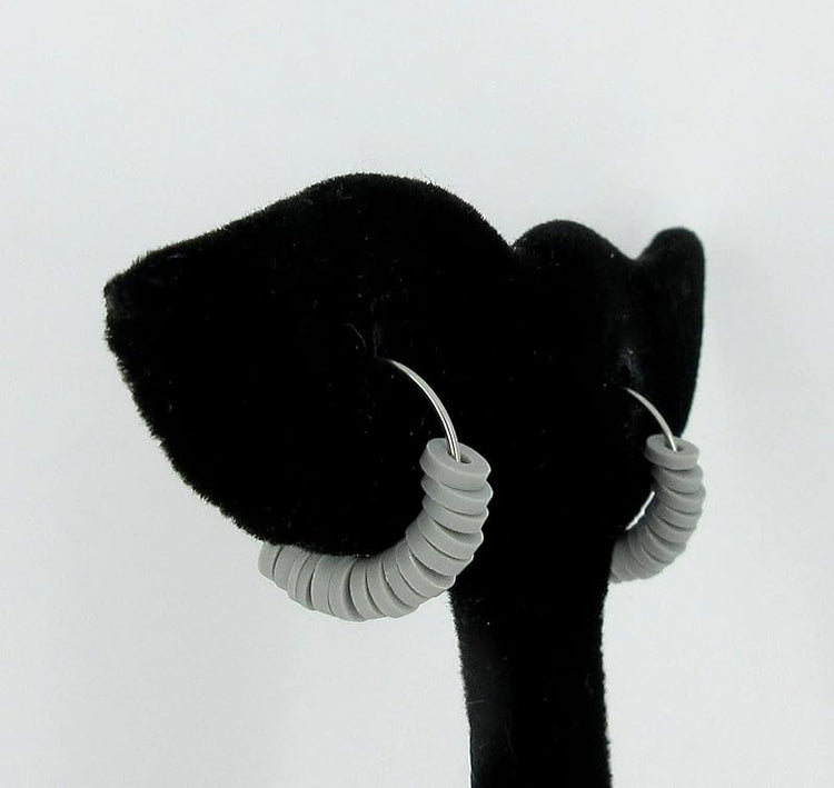 Summerfield Collection 15mm Stainless Steel Polymer Clay Katsuki Bead Hoop Earrings (Light Gray)