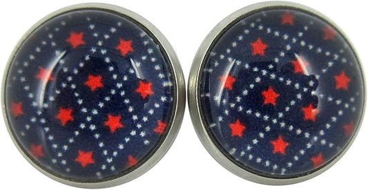 Stainless Steel Patriotic Stars Print Glass Stud Earrings 12mm (Navy Blue)