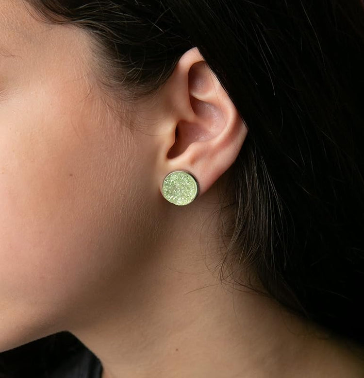 Summerfield Collection Stainless Steel Neon Yellow Green Faux Druzy Glitter Stone Stud Earrings Lime Translucent