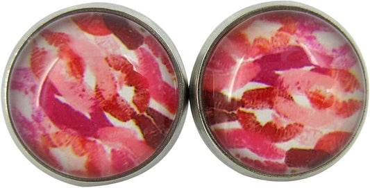 Summerfield Collection Stainless Steel Lipstick Kisses Camo Print Glass Stud Earrings 12mm White Pink Red